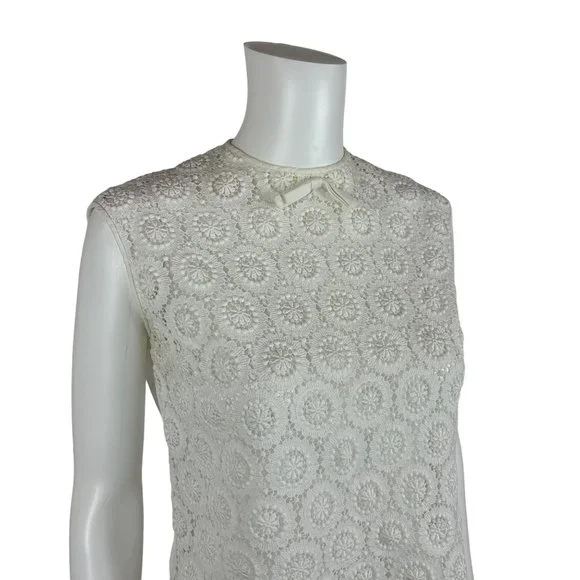 Vintage 50s Lace Blouse Women's Medium White Bow Neck Button Back Sleeveless